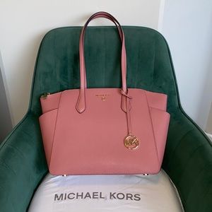 Michael Kors Marilyn Medium Saffiano Leather Top Zip Logo Charm Tote Bag